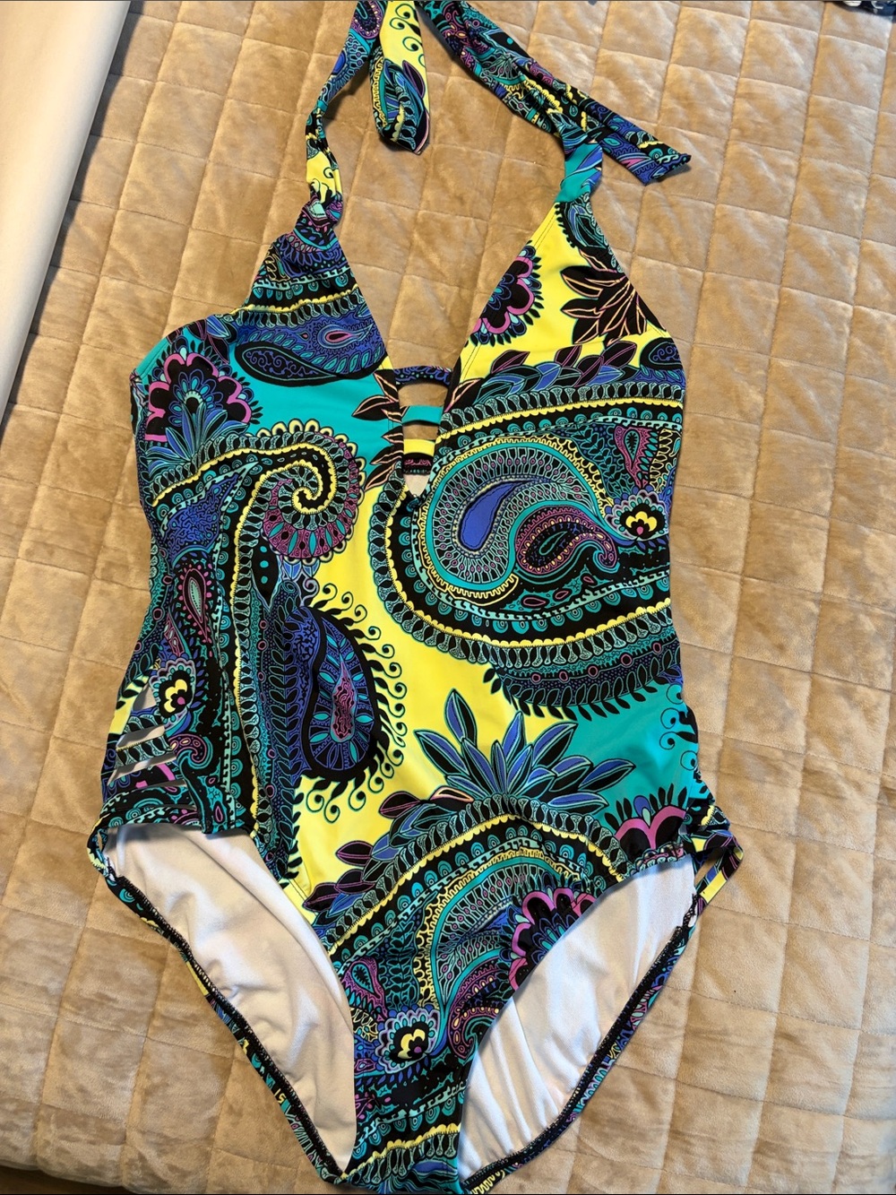 Jantzen Teal Yellow Paisley Halter One-Piece Swimsuit